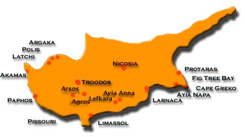 A map of Cyprus showing the major towns and some other areas of interest.