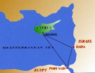 Sailing routes map from Cyprus to Egypt and Israel.